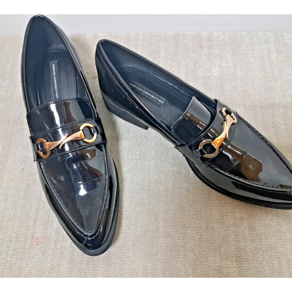 French Connection Loafers Women's Size 10 Black Vegan Patent Leather Preppy